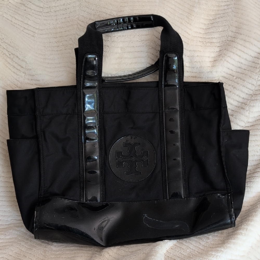 Black Tote Bag with Glossy Accents